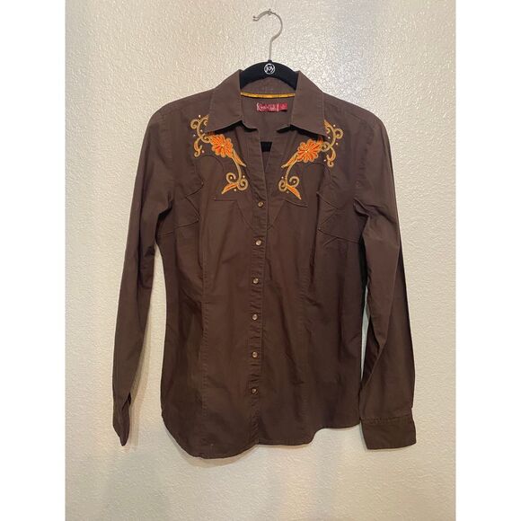 Cruel‎ Girl Women's Western Shirt Brown and Orange Pearl Snap Buttons size Large - Picture 1 of 8